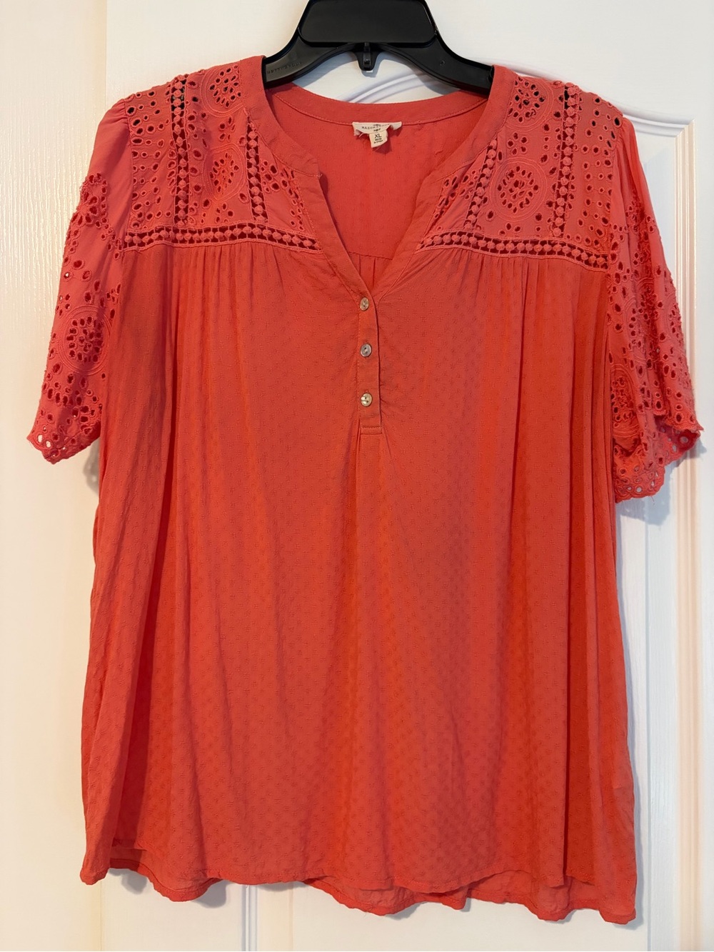 Women’s Coral Crochet-Yoke Henley Blouse